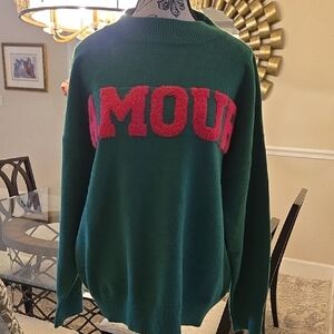 Lux New Boutique Quality Sweater Viscose Green with Pink Love Lettering AMOUR.